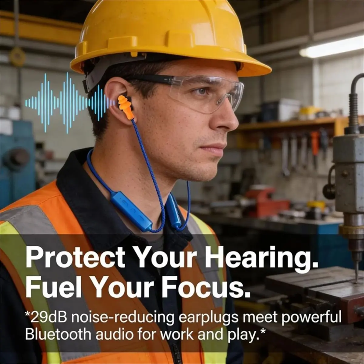DT75BG Bluetooth Work Earbuds Noise Reduction Ear Plugs, Wireless Neckband Headphones with Mic, Hearing Protection