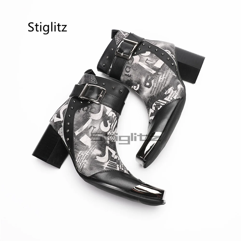 Men's Metal Square Toe Rivets Chelsea Boots Genuien Leather Patchwork Side Zip Belt Buckle High Heels Ankle Boots Party Shoes
