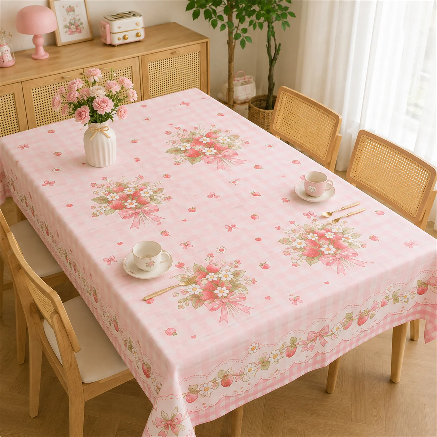 Pink Strawberry Floral Tablecloth Cute Gingham Bow Daisy Print Dining Table Cover Farmhouse Kitchen Party Home Decor