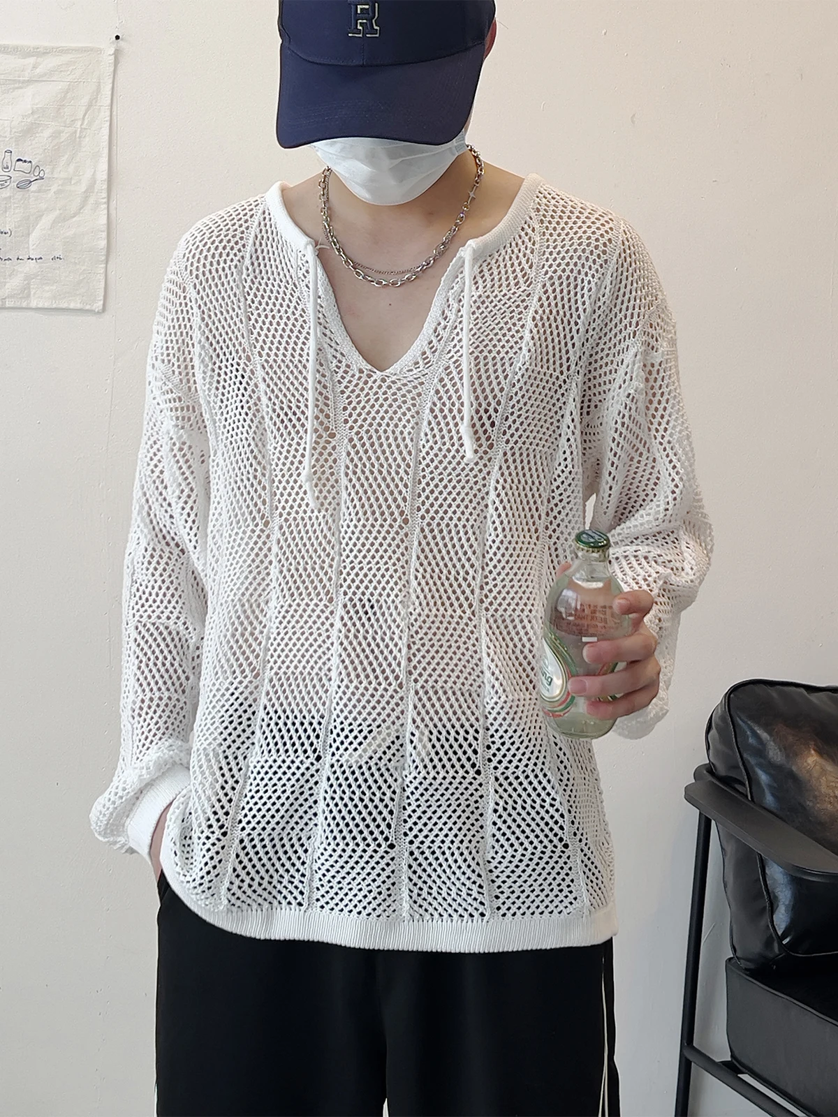 Men's V-Neck Pullover Hollow out Thin Knitwear Shoulder Drop Sleeves Breathable Loose Fit Casual Top Pure Color Spring Autumn