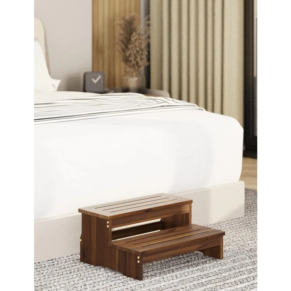 خطوات سرير أكاسيا للأسرة العالية للبالغين - مقعد خشبي بخطوتين - مقعد خشبي (لون الجوز)