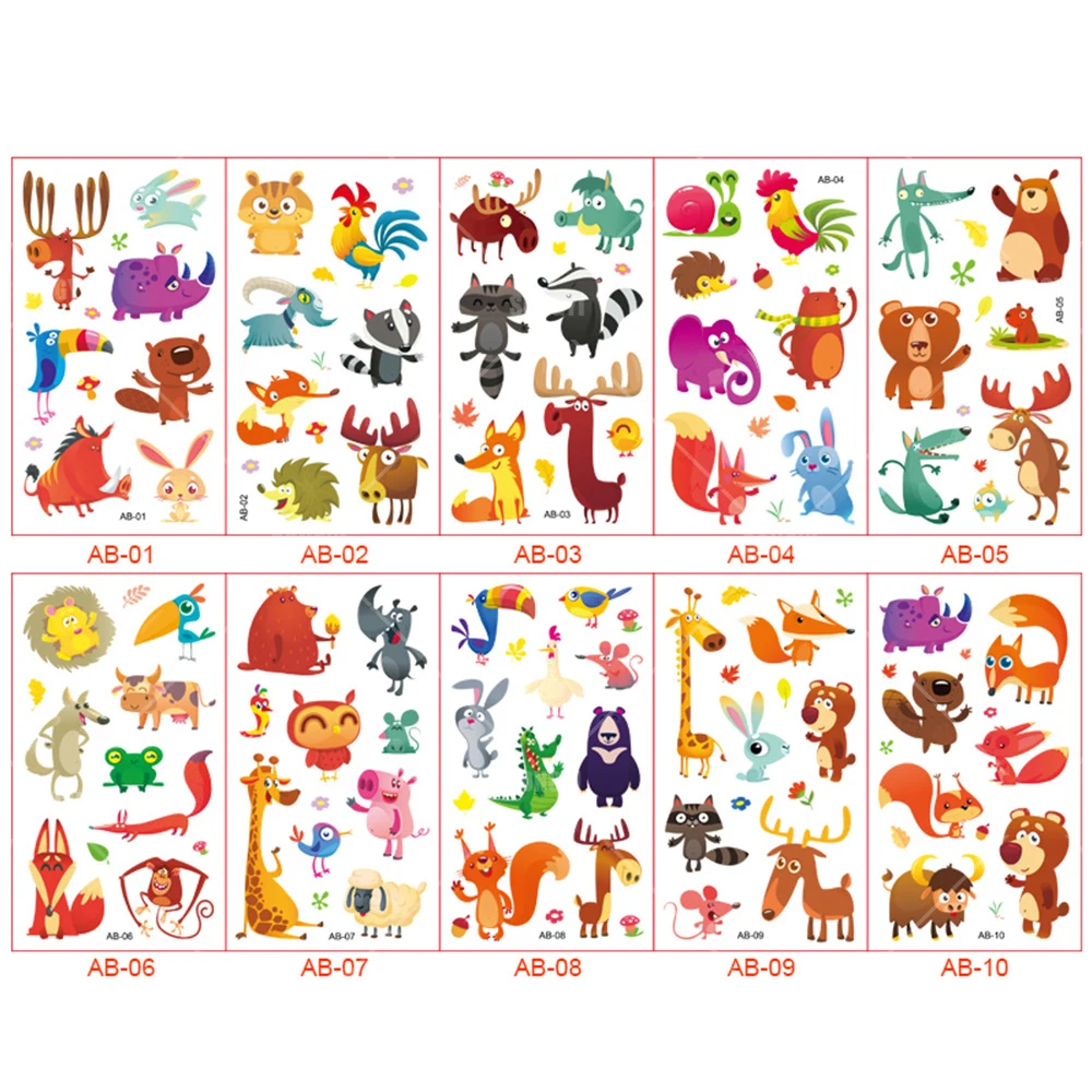 

10 Sheets/Set Animal Temporary Tattoo Stickers Lion Giraffe Elephant Rabbit Baby Shower Kids Gift Body Makeup Sticker Tattoos