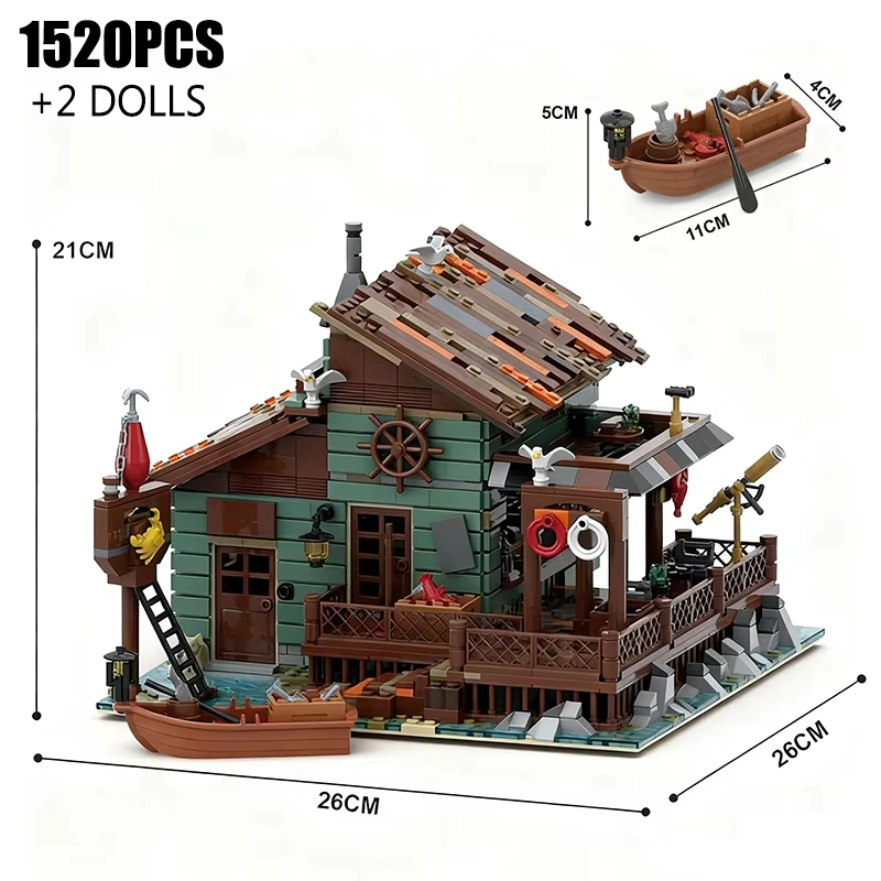 Zestaw klocków architektonicznych Seaside Architecture, seria City, domek rybacki, wiejski dom i model łodzi rybackiej, zabawka z klocków, prezent dla dzieci