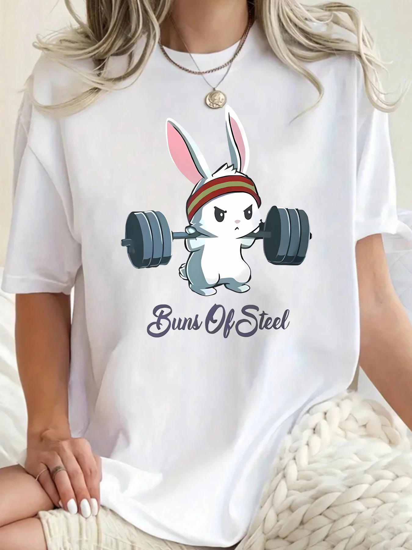 

Weightlifting white rabbit with short sleeve puls size T-shirt with letter pattern summer ladie daily fashion women clothing