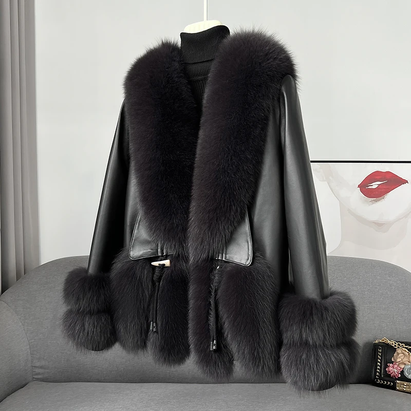 ZDFURS*Haining 2022 Popular Fox Fur Big Fur Collar Fur Coat Female Fur and Leather Overcoat Young Fashion down Jacket