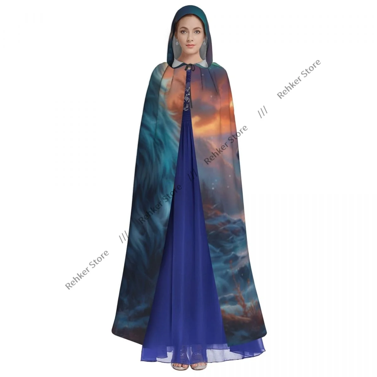 Adult Halloween Wolf With Northern Lights Mystical Howl Cloak Cape Hooded Medieval Costume Full Length Dress Coat