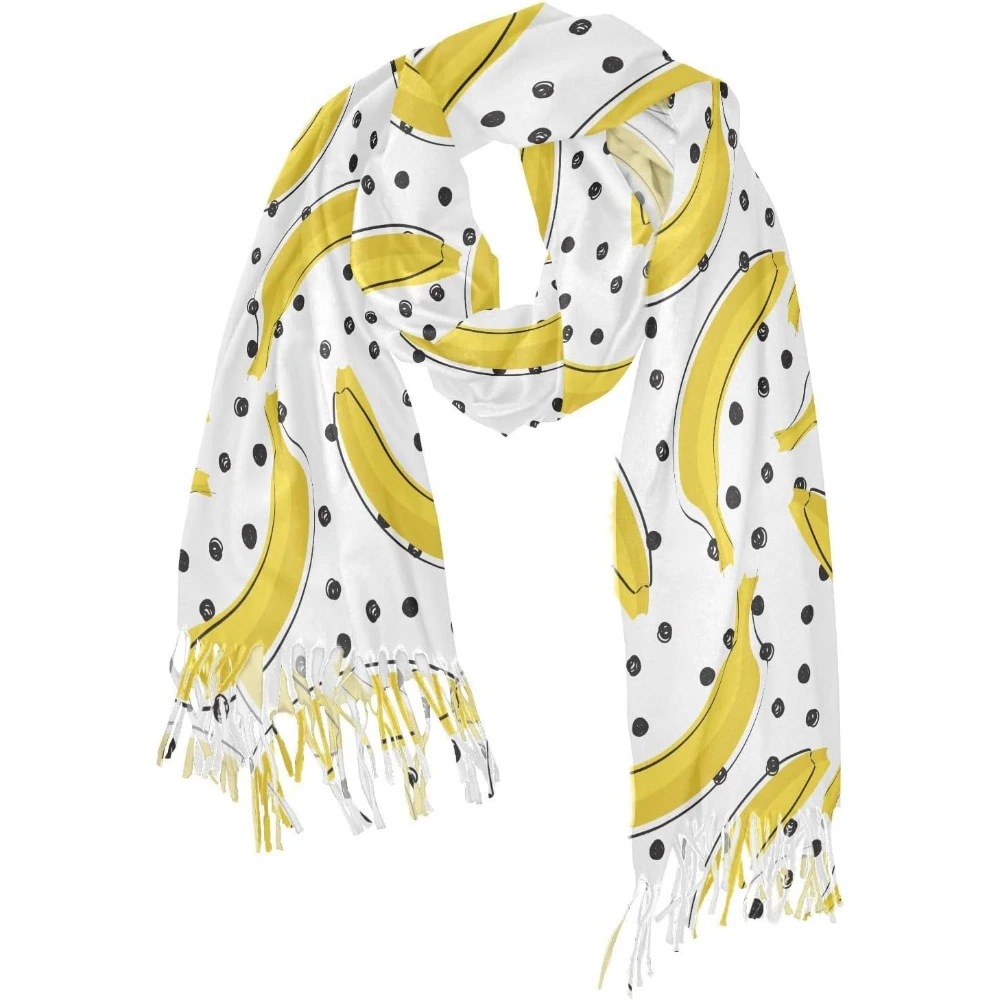 

Зимние шарфы в горошек и бананах для женщин в холодную погоду с кисточками, легкий теплый мягкий шарф с рисунком фруктов