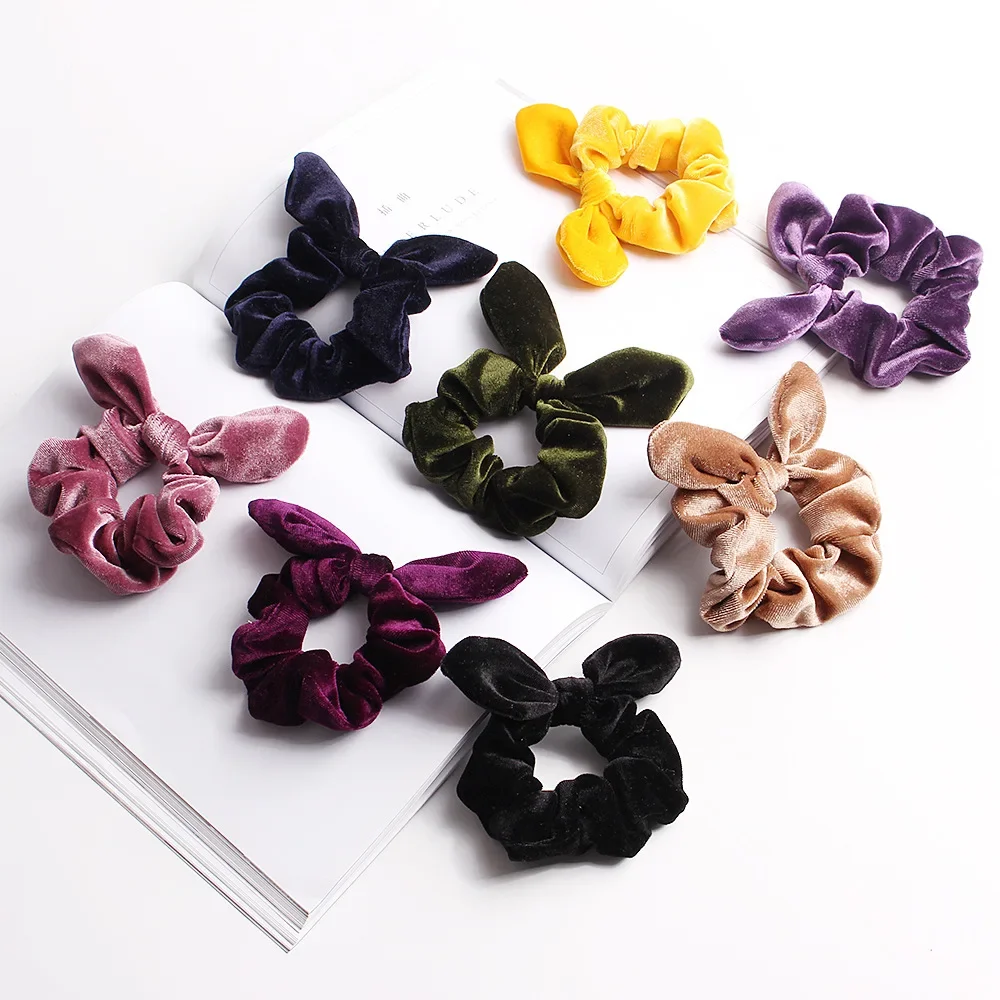 Velvet Scrunchies Girls/Women Velvet Bunny Ear Knot Bow Hair Bands Rabbit Ear Hair Tie Ponytail Hair Accessories