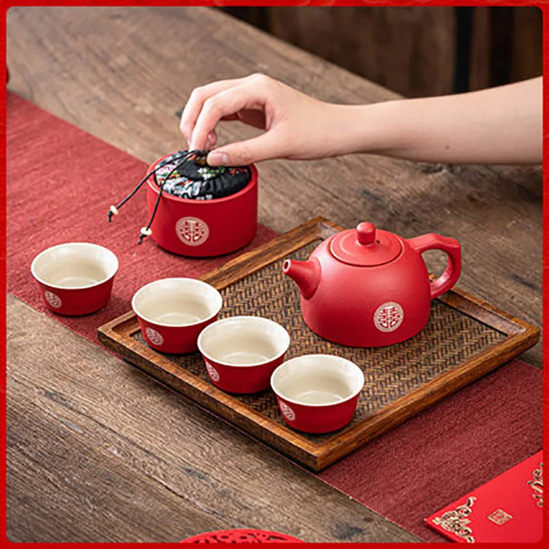 

Ceramic Red Wedding Tea Set, Teaware, Porcelain Chinese Teapot, Caddy Cup, Double Happiness Kettle with Gift Box, Party Banquet