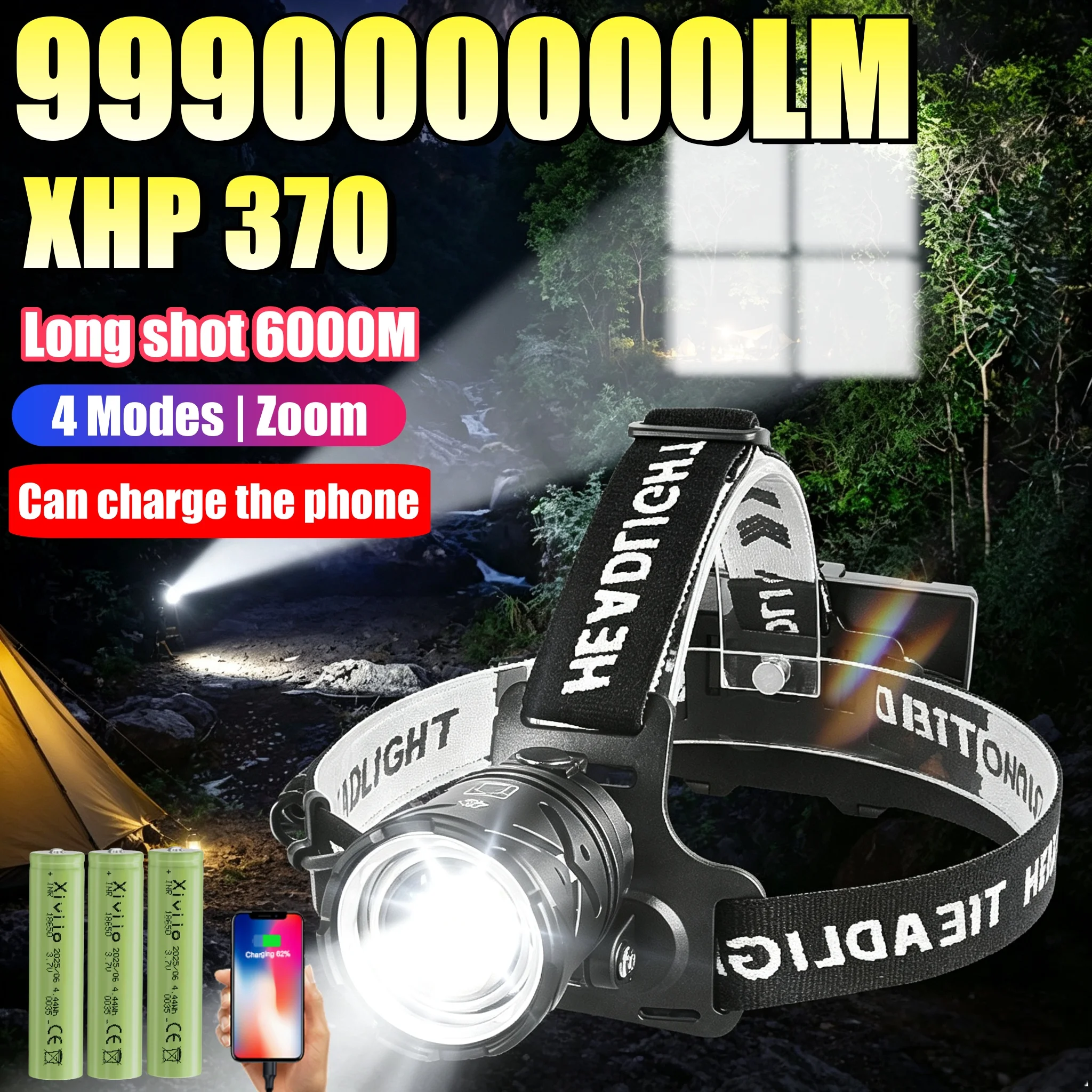 999000000LM High Power Headlamp USB Rechargeable LED Head Flashlight Long Shot 6000M Professional Front Light For Fishing Hiking