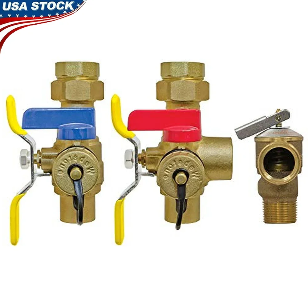 Tankless Water Heater Isolator Kit 3/4-Inch Sweat Lead Free PRV Hi-Flow Hose Drains Compact Brass Design