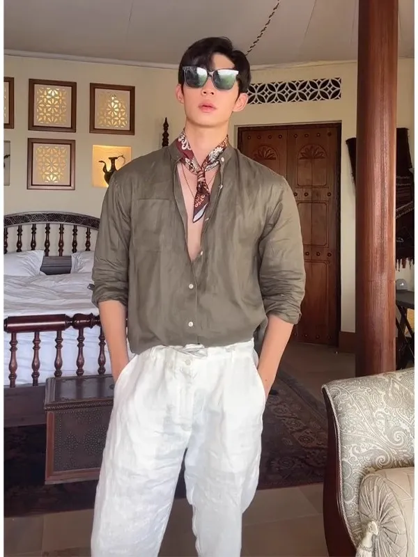 

Korean Sle Loose Fit Linen irt Men's Summer Thin Long Sve Stand Collar Casual Sun Protection irt Brown Color