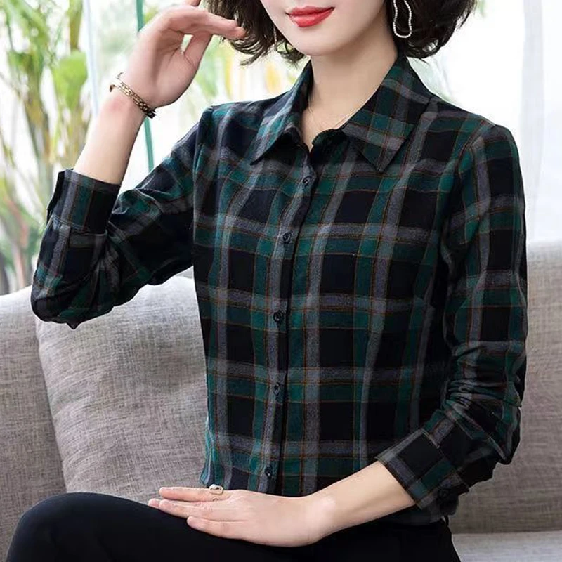 New Women Vintage Classic Plaid Elegant All Match Button Shirts Spring Autumn Fashion Office Lady Basic Blouses Long Sleeve Tops