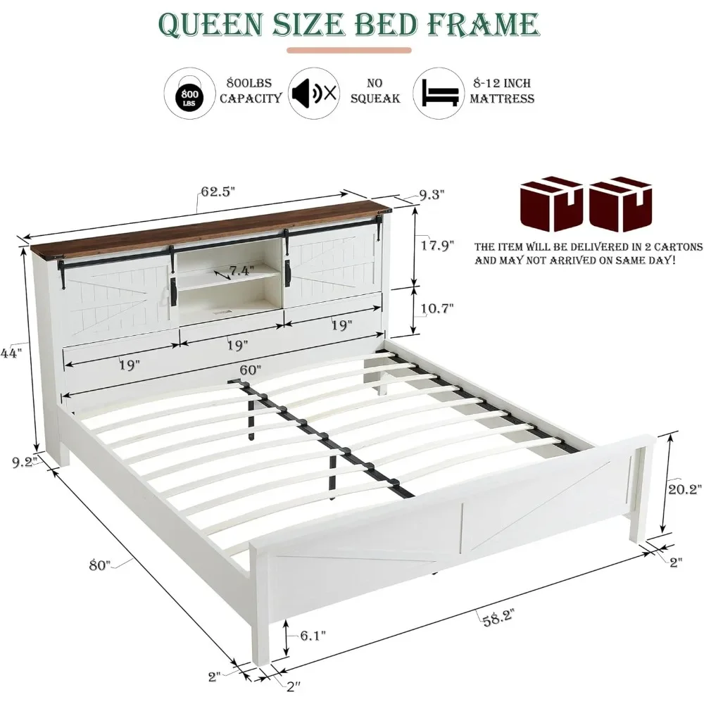 Queen Bed Frame with Headboard Sliding Barn Door Storage Cabinet Charging Station Slats Support No Box Spring Needed，Bed Frame