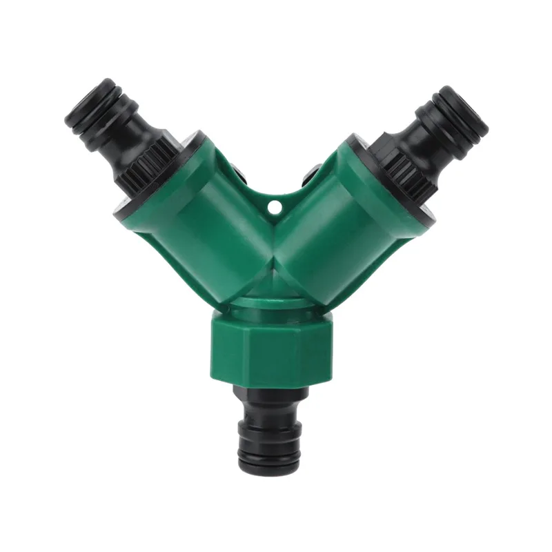 Quick-connect Y-shaped water diverter fitting for garden hoses with integrated flow control switch and universal 6-25 mm nozzle