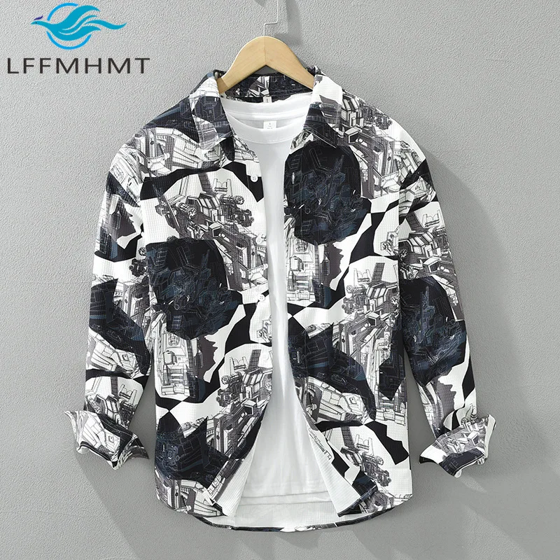 

6967 Japanese Style Vintage Print Long Sleeve Shirt for Men Spring Autumn Trendy Loose Fit Casual Tops Youth Daily Blouse Male