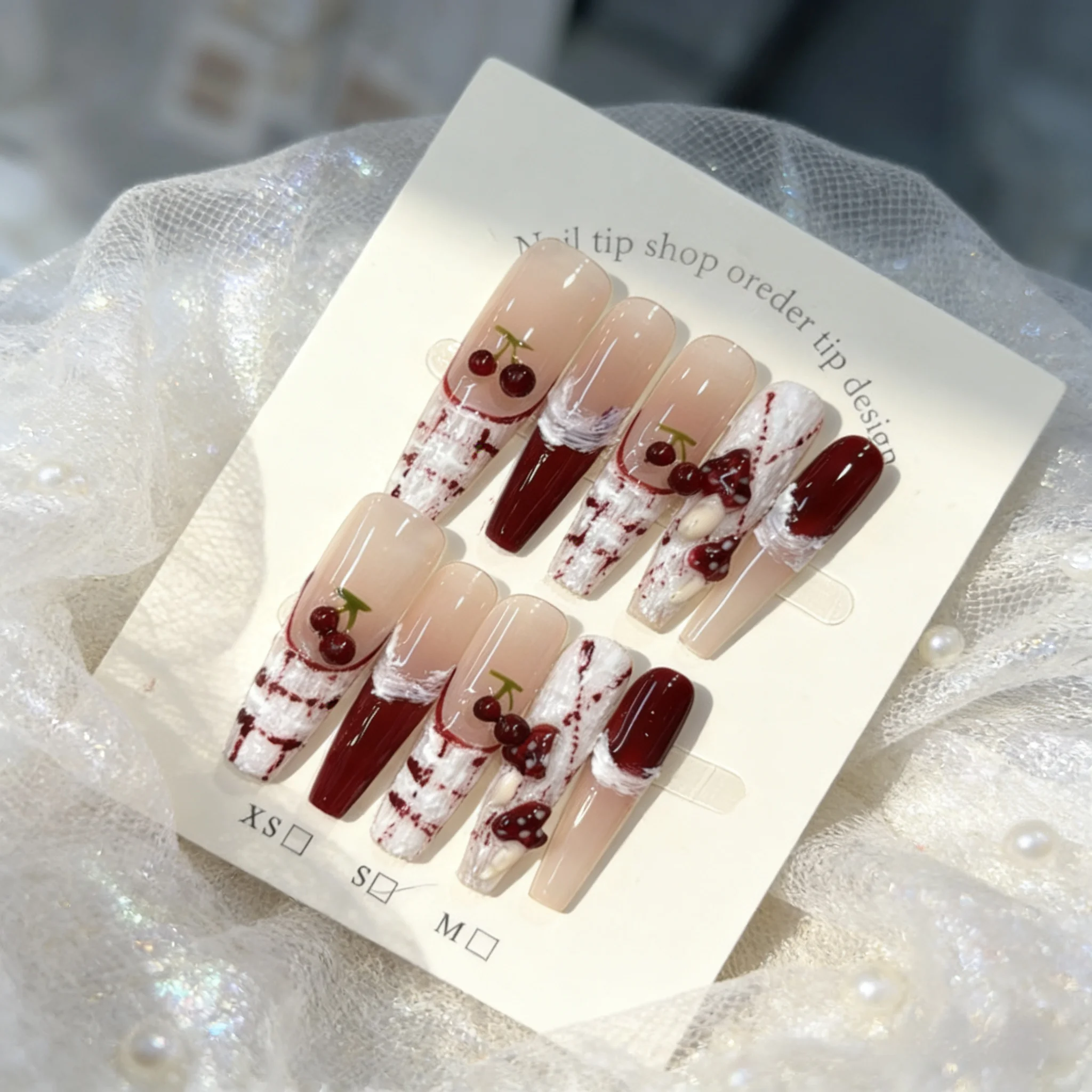 

10PCS Holiday Red 3D Cherry Press on Nails Art Long Coffin Full Cover Fake Nail Reusable Korea Style False Nails Easy to Wear