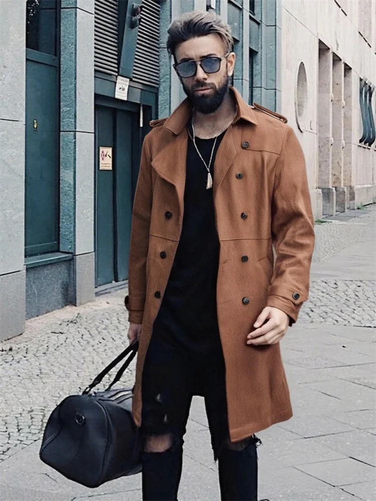 

New Autumn Winter American Retro Suede Jacket Luxury Long Men's Coat Double Breasted Lapel Elegant Man Blazer Jackets Clothing