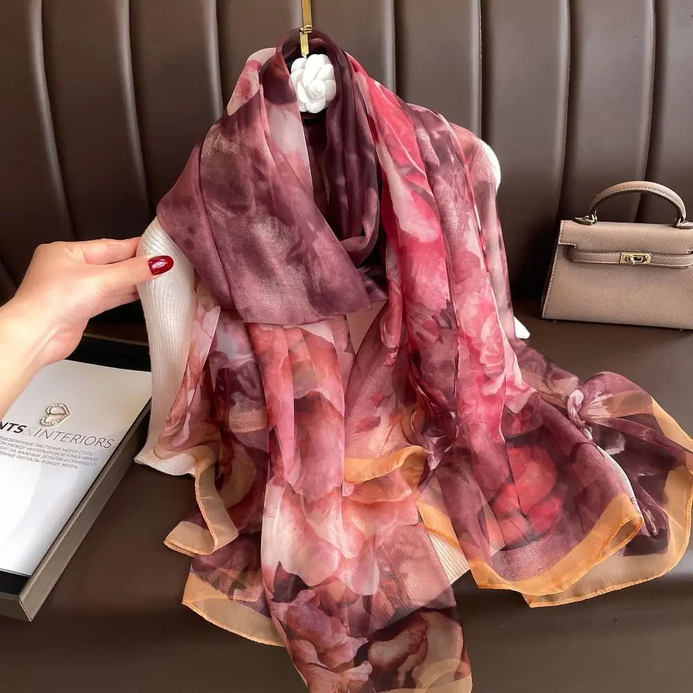 

Long Korean Luxury Silk Scarf Elegant Luxury Thin Silk Scarf Lace Printing Wraps Lady
