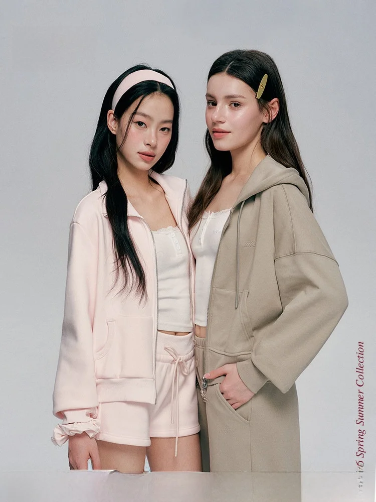 

Liilou Organic Cotton Hoodie And Pants Set ort Sle Double Zipper Clean Girl Faion Ensemble Long Pants High Waist Slim Fit