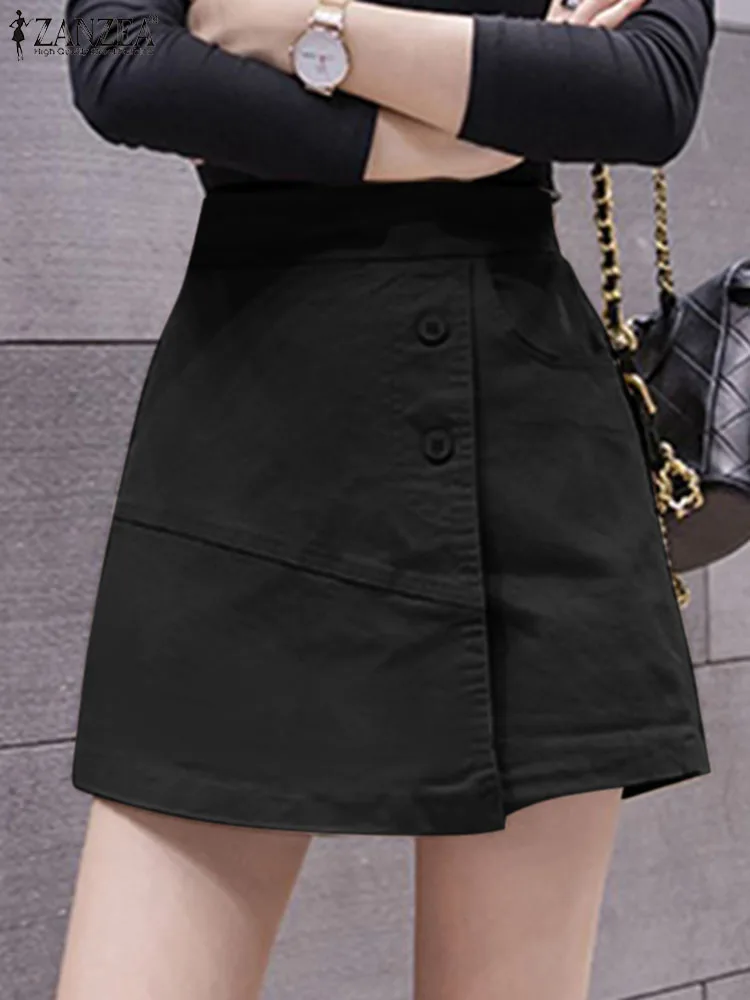 ZANZEA Damskie szorty Y2K Casual Summer Solidne szorty z wysokim stanem Koreańska wersja Asymetryczne spodnie z guzikami Streetwear Mini spódniczki