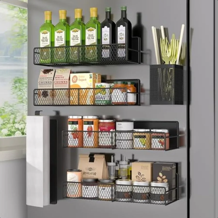 

Magnetic Spice Rack for Refrigerator 6 Pack Metal Magnetic Shelf Black Moveable Spice Organizer Strong Magnetic Storage Fridge