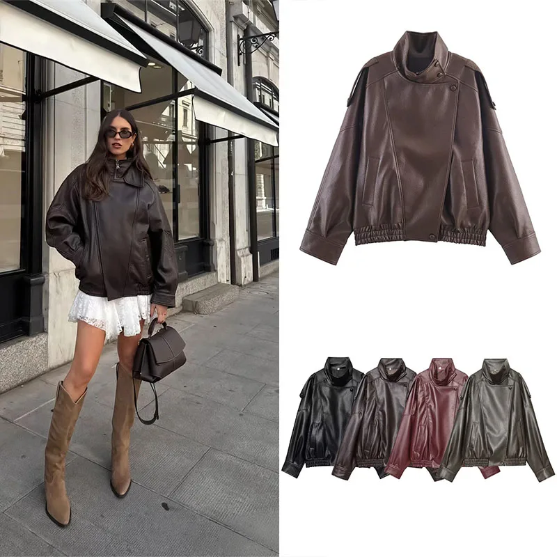 Guobioziy Women's Flight Leather Jacket 2026 Solid Color with Zipper Details New Motorcycle Street Fashion Leather Jacket