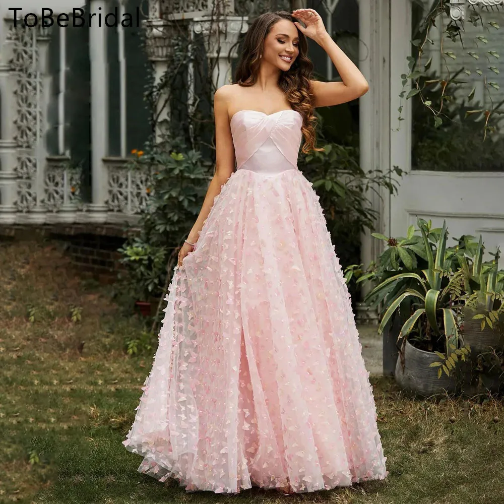 

Elegant Women's Prom Dress Pink Lace Flower Strapless Floor length Wedding Party Dress A-line Graduation Dress vestidos de noche