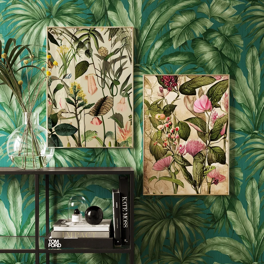 

Vintage Green Leaves Plants Pink Flower Nordic Posters Print Canvas Painting Bedroom Modern Wall Art Living Room Home Decoration