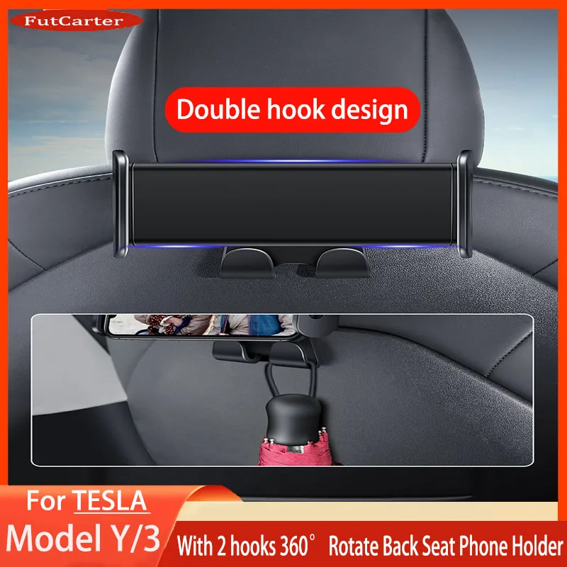 For Tesla Model 3/Y Back Seat Phone Holder with 2 hooks 360° Rotate StandAuto Headrest Bracket Support For Tablet PC iPad Mini