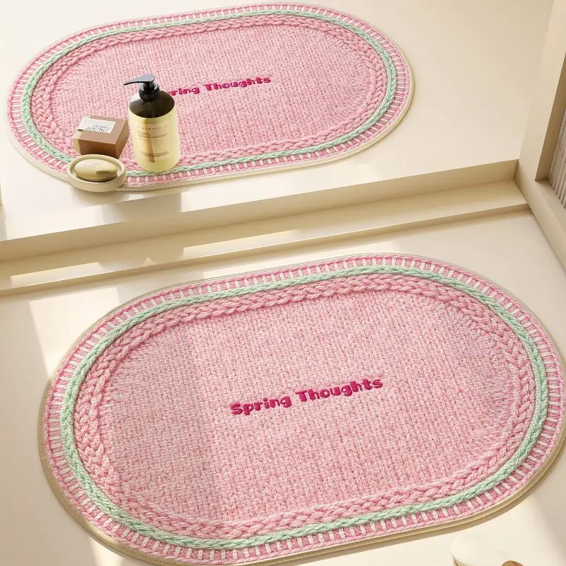 VIKAMA Oval Knit-Look Bath Mat Non-Slip Absorbent Heart Text Printed Floor Rug For Bathroom Entryway Bedroom Home Decor