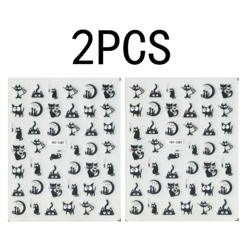 

2 cute black cat nail art stickers, cartoon design, self-adhesive decoration, embossed rectangular glitter finish, single-use, DIY nail art with kitten theme, plastic surface