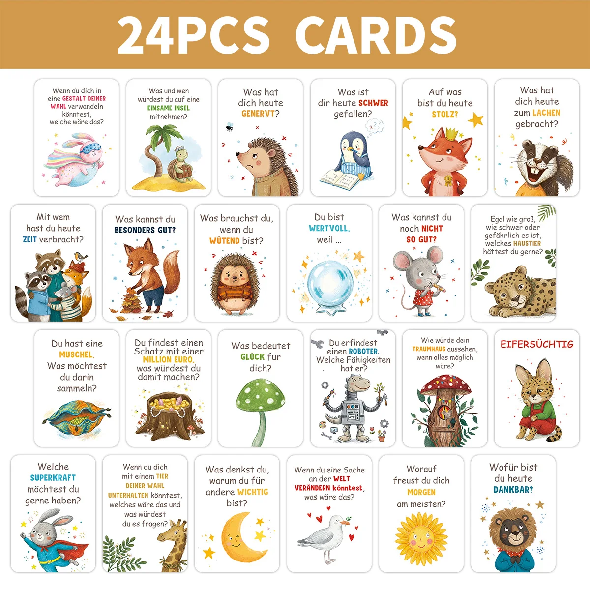24 cartes de questions interactives en langue allemande pour enfants, pour encourager la réflexion personnelle et les conversations de démarrage en classe