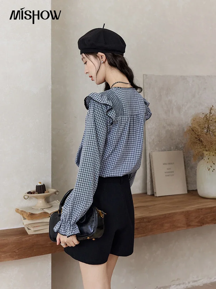 MISHOW Women Sweet Plaid Blouse French Ruffle Fly Sleeve Love Button Shirts 2024 Autumn V-Neck Loose Vintage Tops MXD45X1661