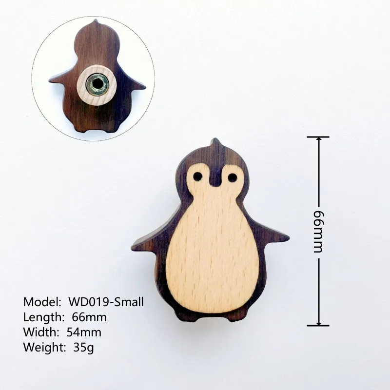 Cute Penguin Wooden Furniture Door Pulls Handles for Drawers and Wardrobe Cabinet Knobs Wood Wall Hooks Decoration Hardware