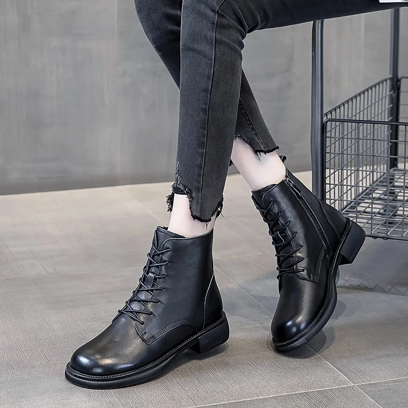 DRKANOL Fashion Cow Genuine Leather Women Ankle Boots Square Heel Short Boots Ladies Lace Up Warm Motorcycle Boots Black Booties