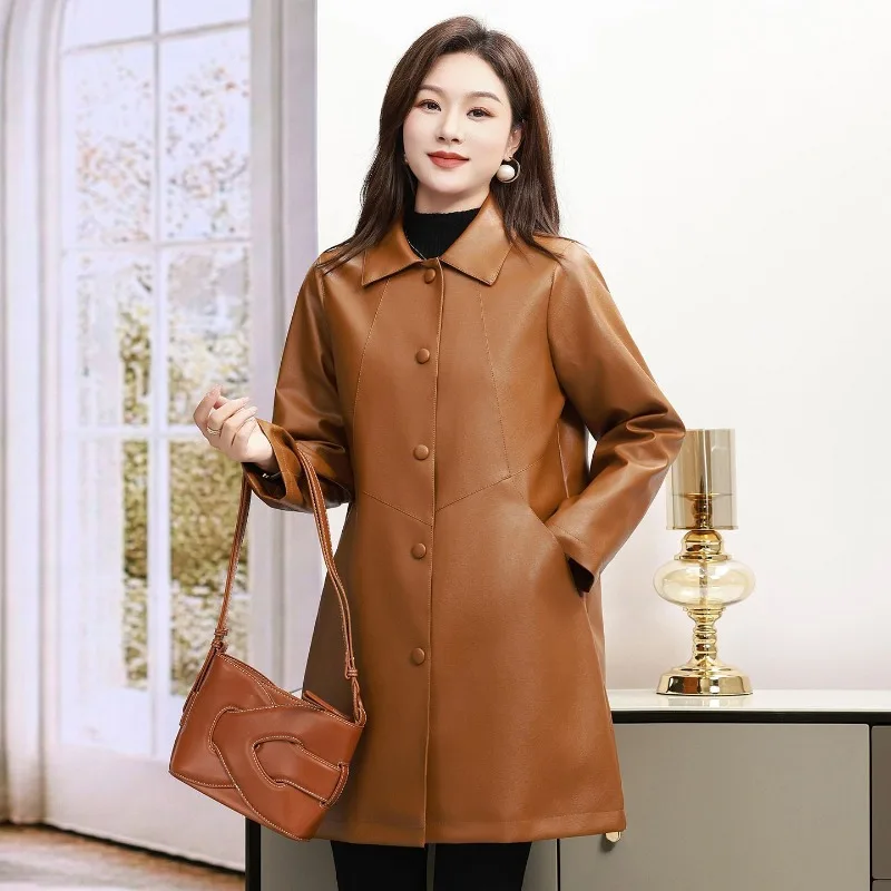 

​2025 New Women's Leather Coat Mid Length Comfortable Slimming Windbreaker for Plus Size Moms​