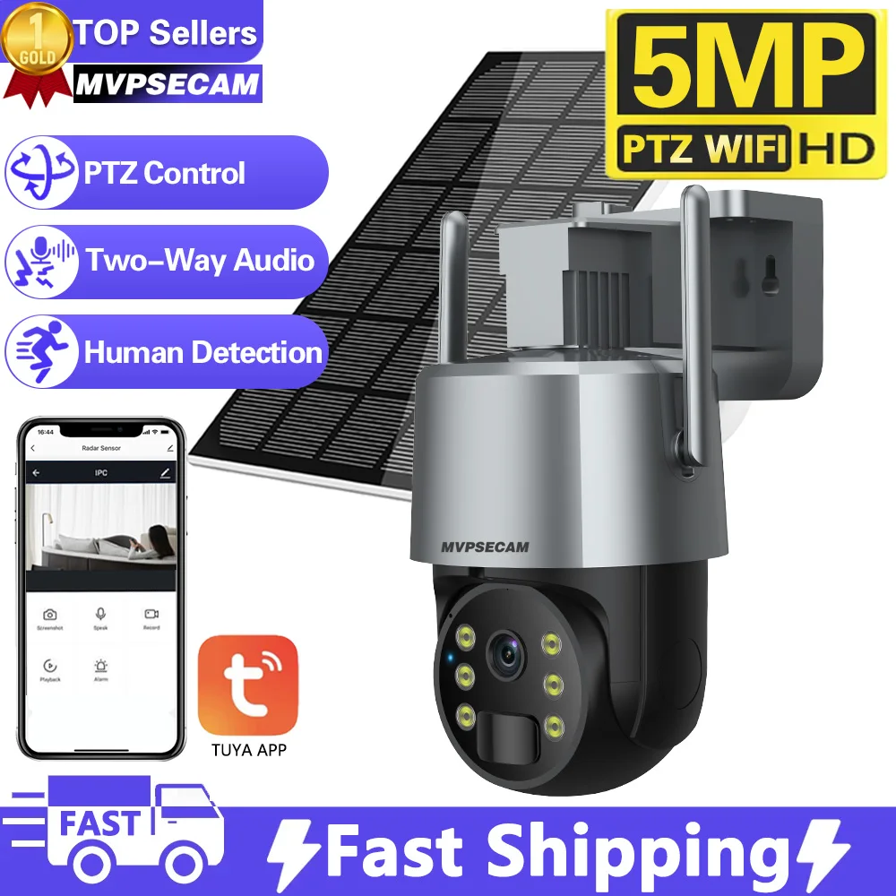 

5MP HD Wireless Outdoor Wifi Solar PTZ Camera CCTV Solar Panel Recharge Li-Batteries Surveillance Camera Works With Tuya APP