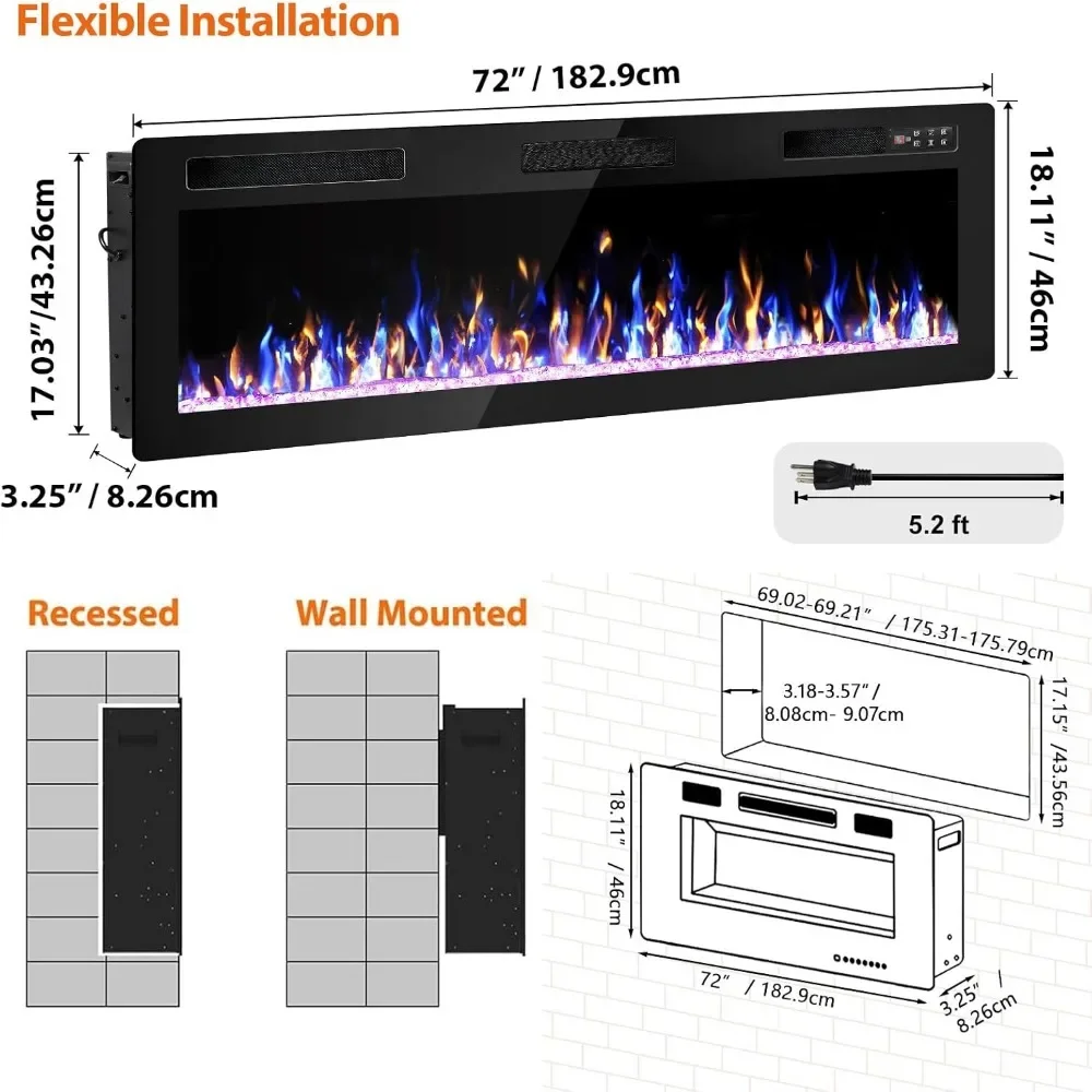 72 Ultra Slim Wall-Mounted Electric Fireplace Insert with Remote, Recessed Design for Modern Home Decor