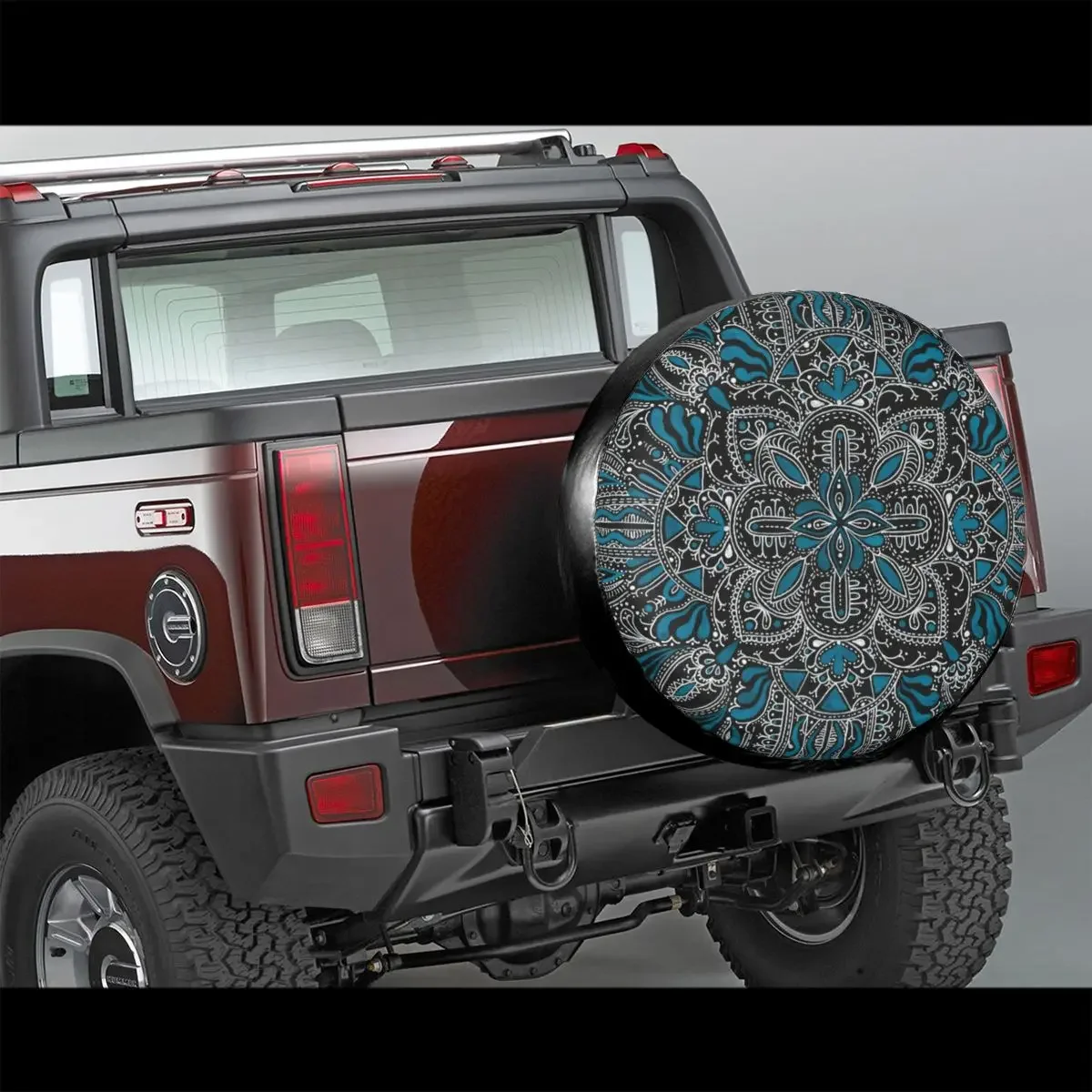 Black White Turquoise Mandala Pattern Spare Tire Cover Bag Pouch for Jeep Hummer Boho Floral Waterproof Car Wheel Covers