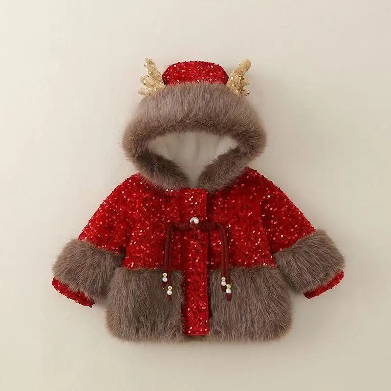 

Girls' Fur Coat Autumn/Winter 2025 New Collection Children's Thick and Warm Cute Jacket with Velvet Christmas Clothing 90-140CM