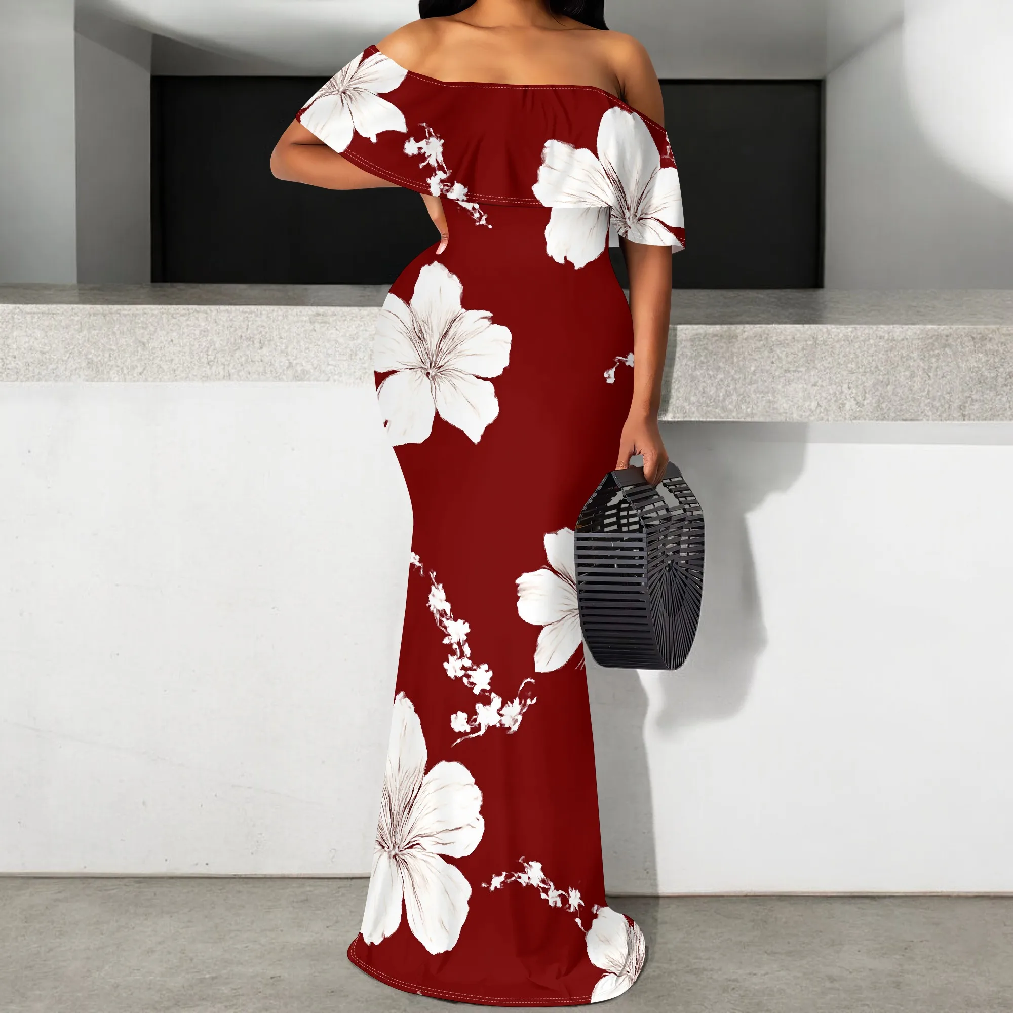 

Elegant Red Floral Maxi Dress S-3XL Off Shoulder Slim Fit Evening Gown