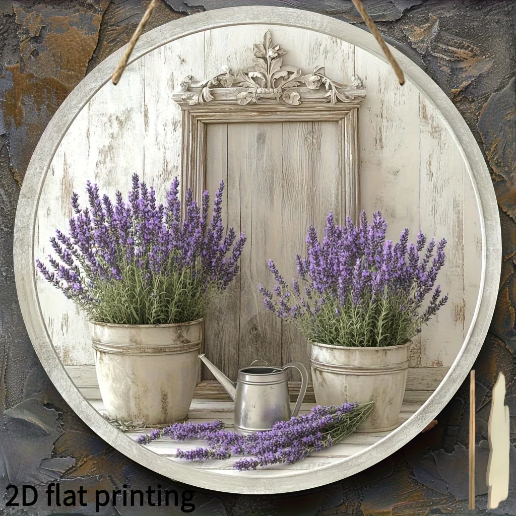 2D Flat, Bohemian Wooden Wall Art - 2D Flat Floral Decor with Lavender Pots, Kettle & Scattered Flowers - No Power Needed, Multi