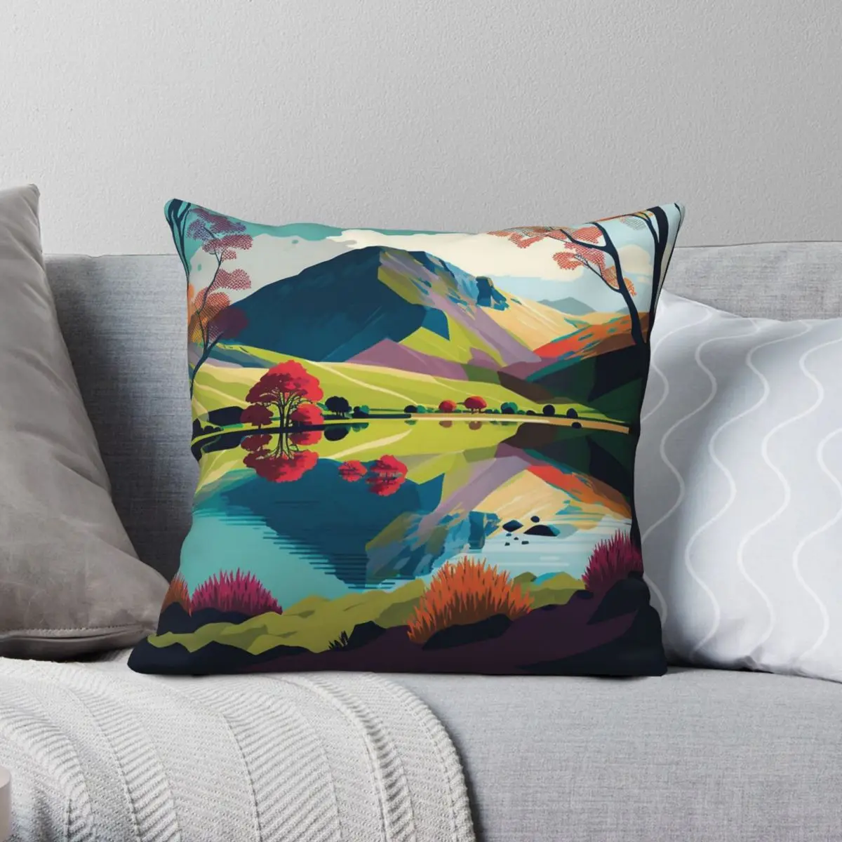 Lake District Vibrant Landscape Square Pillowcase Polyester Linen Velvet Pattern Decor Pillow Case Bed Cushion Cover Wholesale