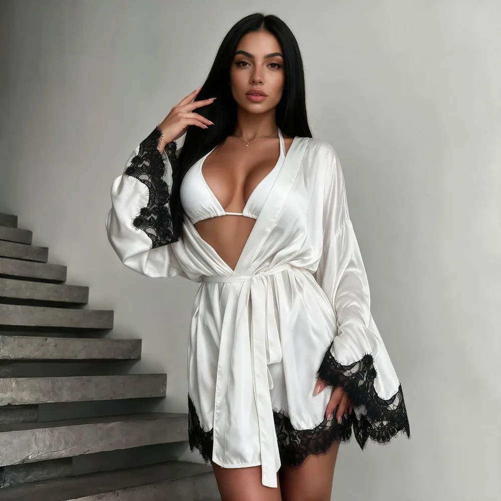 Stretch Satin Lace Trim Short Kimono Robe for Women Sexy Tie Front Sleepwear with Eyelash Lace Soft Bridal Bathrobe Loungewear