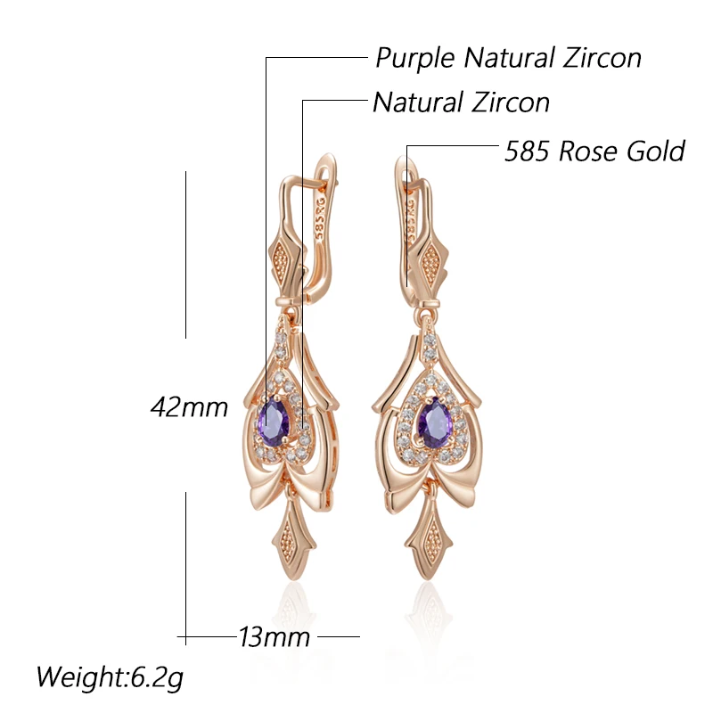 Purple Zircon Vintage 585 Golden Pendant Earrings for Women Long Ear Dangle Elegant Wedding Jewelry Luxury Accessories Gifts