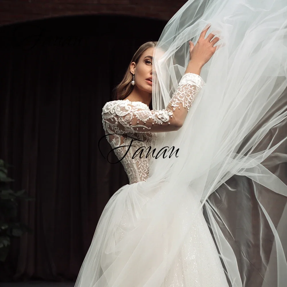 Robe de mariée en dentelle, col bateau, transparente, ligne a, manches longues, perles, Tulle, robe de soirée, robe de mariage