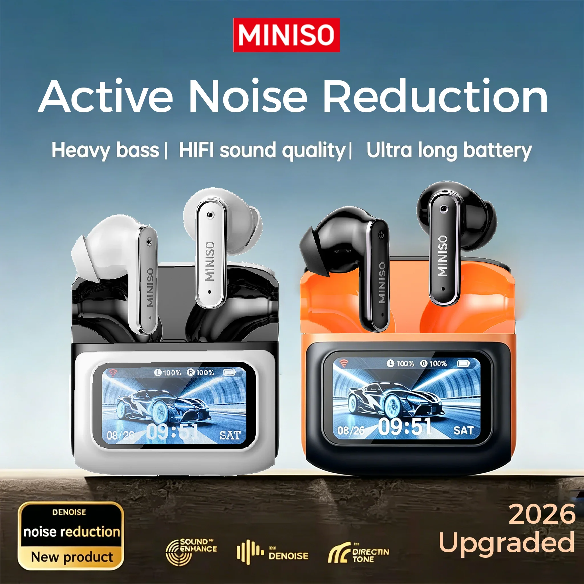 MINISO MS128 Bluetooth Earphones with Mic, LCD Touch Screen, Active Noise Cancelling Wireless Headphones 30dB ANC