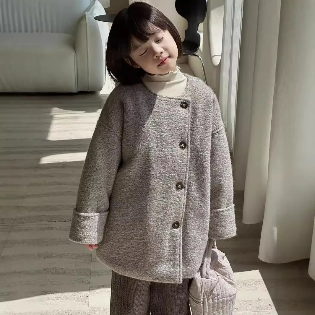 Childrens Woolen Coat Autumn and Winter New Korean Edition Fashionable Retro Style Woolen High Grade Coarse Floral Coat