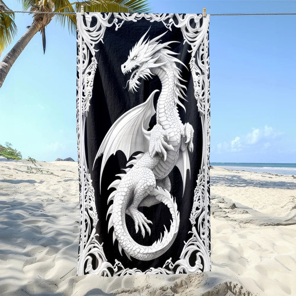 Gothic White Dragon Strandtuch, gemustert, Sonnenschutz und winddicht, geeignet für Schwimmbad, Camping, Reisedecke